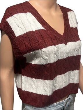 SO Burgundy and White Striped V-Neck Sweater